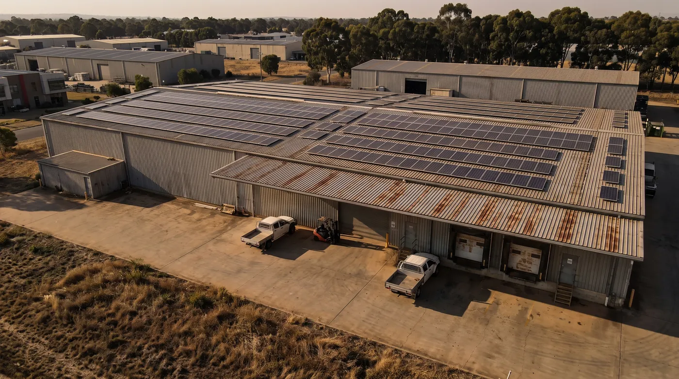 Commercial warehouse roof covered in solar panels