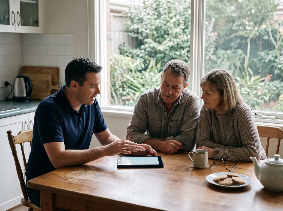 SkyRa consultant explaining a design at a kitchen table