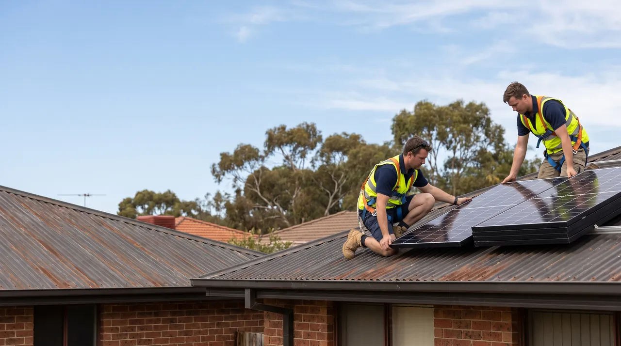 SkyRa installers fitting solar panels on an Australian home