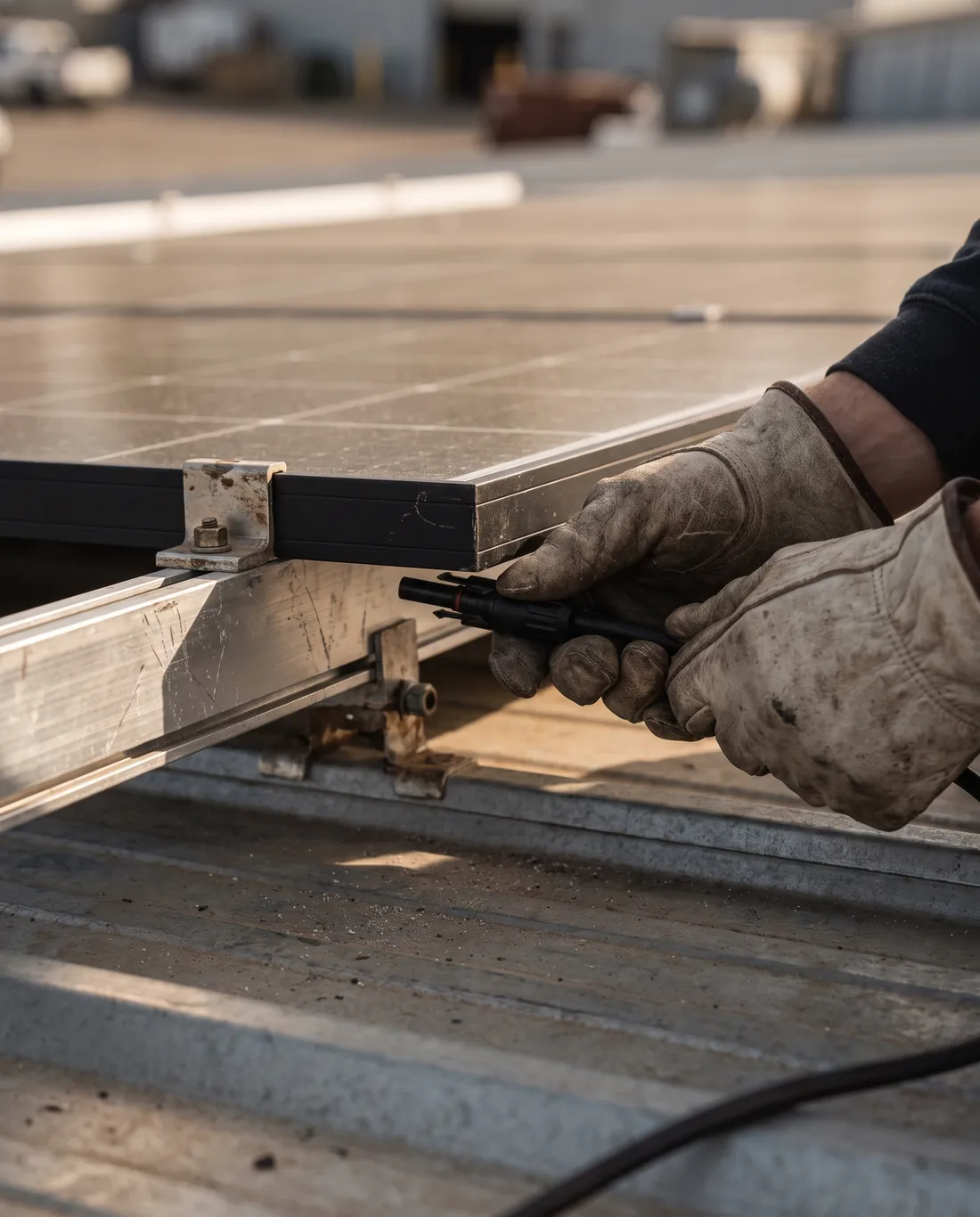 Installer connecting cabling beneath a solar panel
